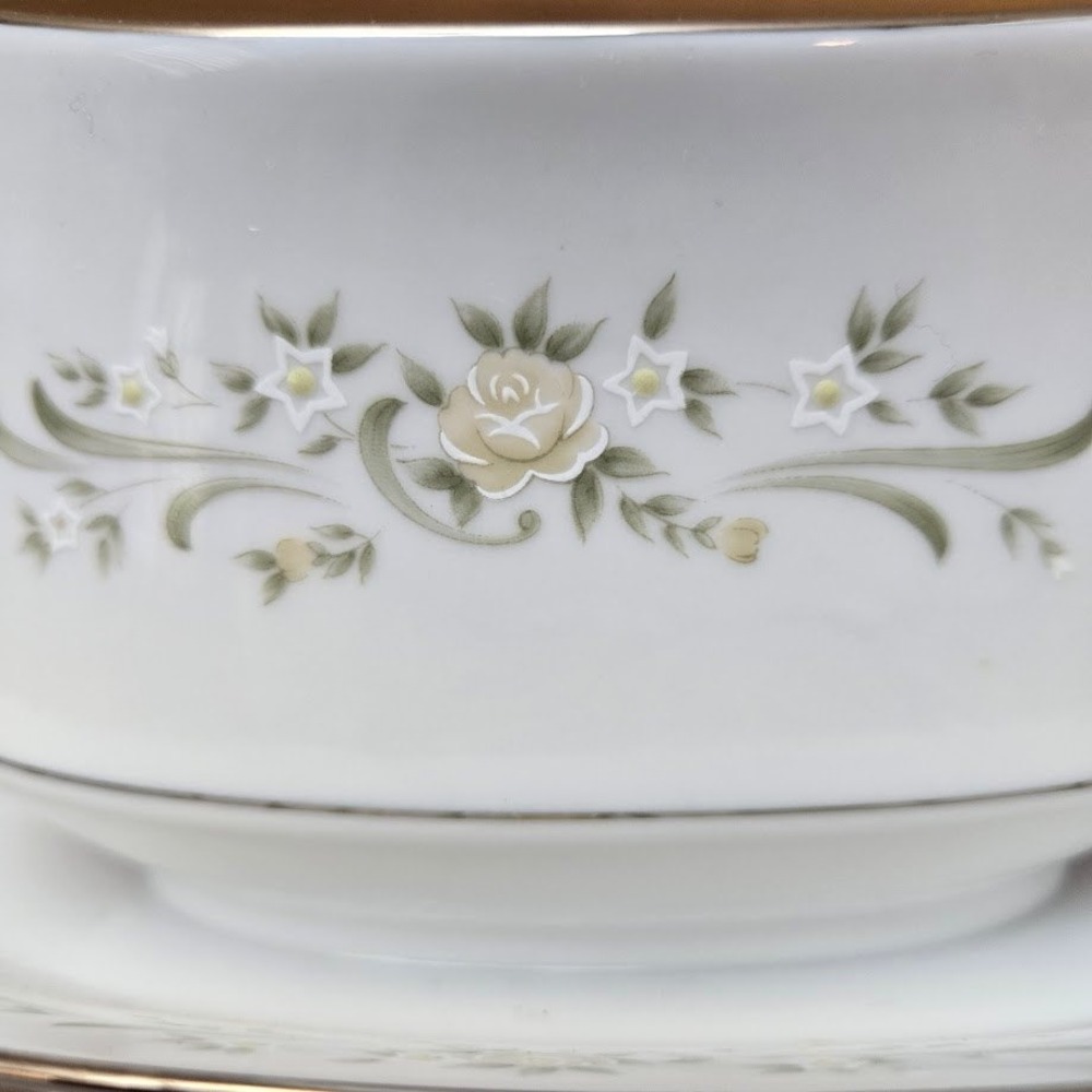 SANGO China Gravy Boat Attached Underplate Debutant Pattern Gold Trim - Picture 2 of 8